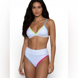 White High Waisted Bikini with Neon Accents